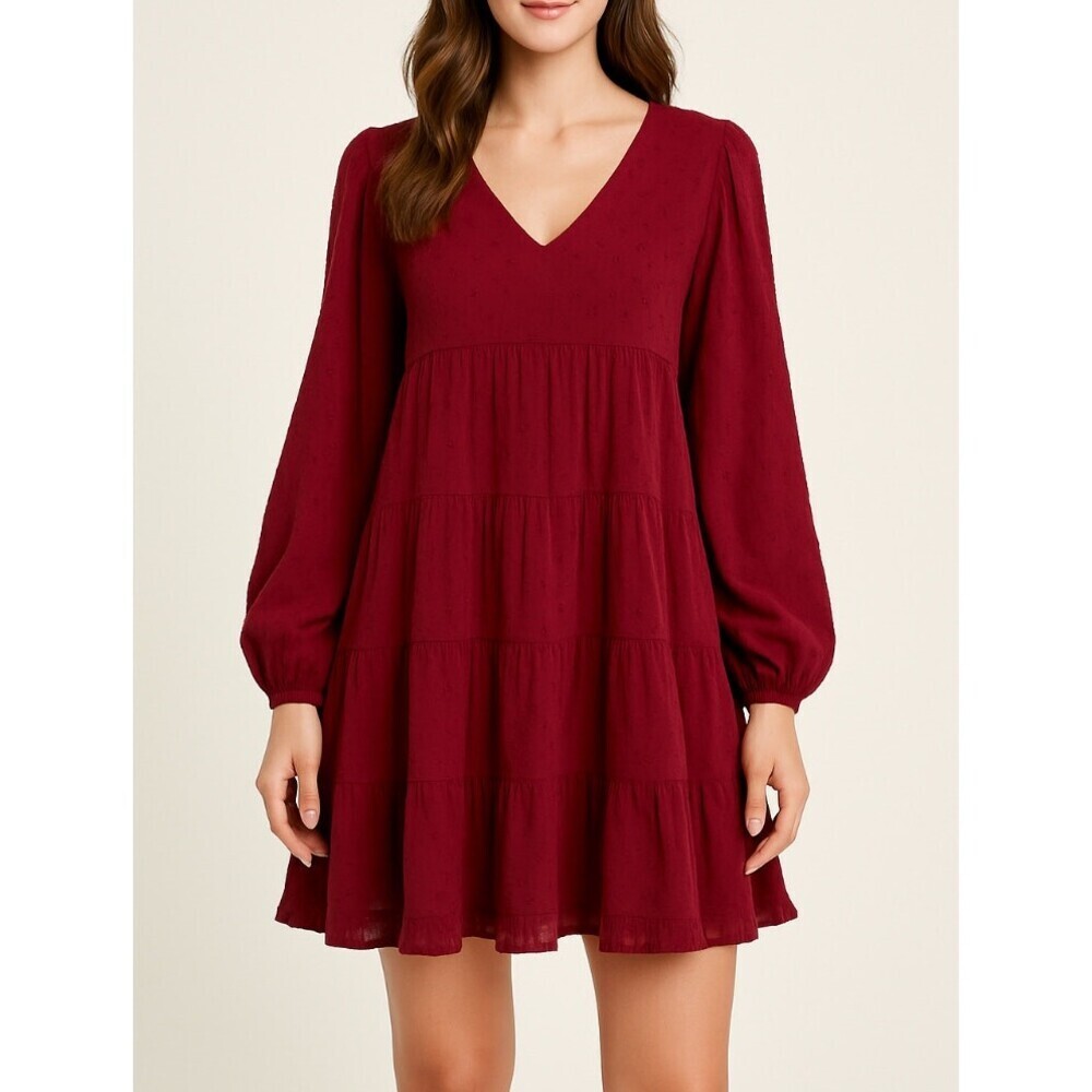 Mi ami dress tiered long sleeve burgundy maroon swiss dot blouson knee length SM